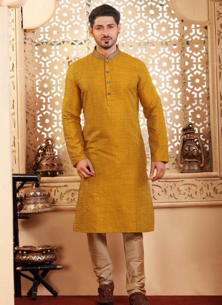 Yellow Colour RAJPUTANA Exclusive Festive Wear Poly Jacquard Kurta Pajama Mens Collection RPTA-KP-1